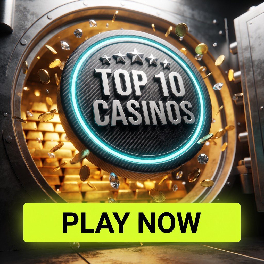 Top 10 Casinos promotional graphic with vault, gold bars and Play Now